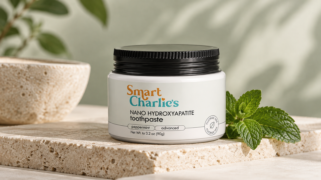 Smart Charlie Naturals nano-hydroxyapatite peppermint toothpaste jar with black lid, displayed on natural stone with fresh mint leaves and a soft sage-green background.