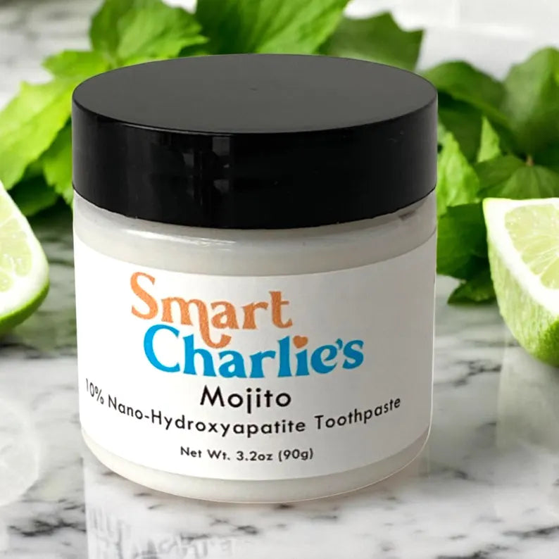 Organic remineralizing and whitening toothpaste safe for kids and adults.